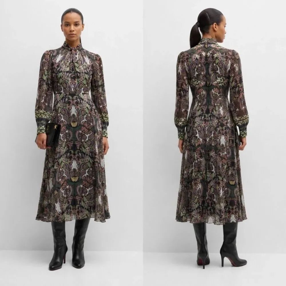 Elie Tahari The Raquel Tie-Neck Paisley-Print Midi Dress Green Multi Size 6 - Picture 12 of 12